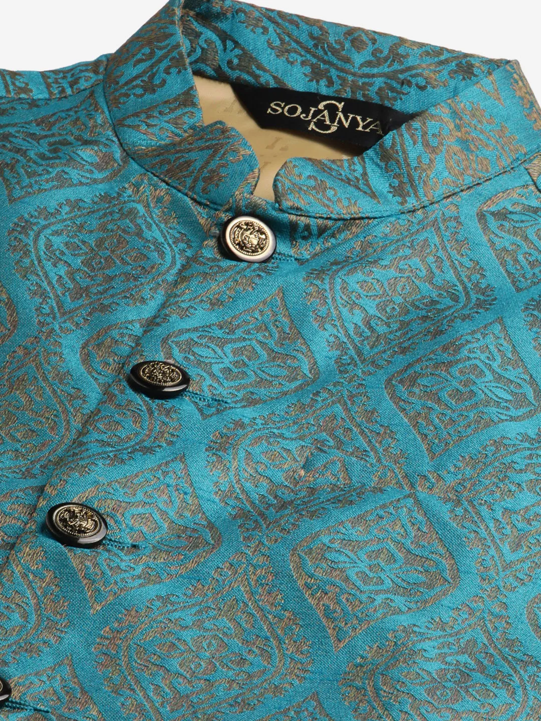 Men's Silk Blend Sky Blue Kurta Pyjama & Teal Blue Nehrujacket Combo - Sojanya
