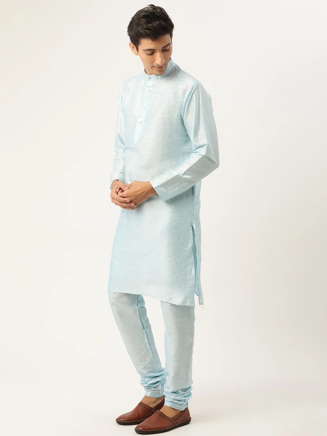 Men's Silk Blend Sky Blue Kurta Pyjama & Teal Blue Nehrujacket Combo - Sojanya