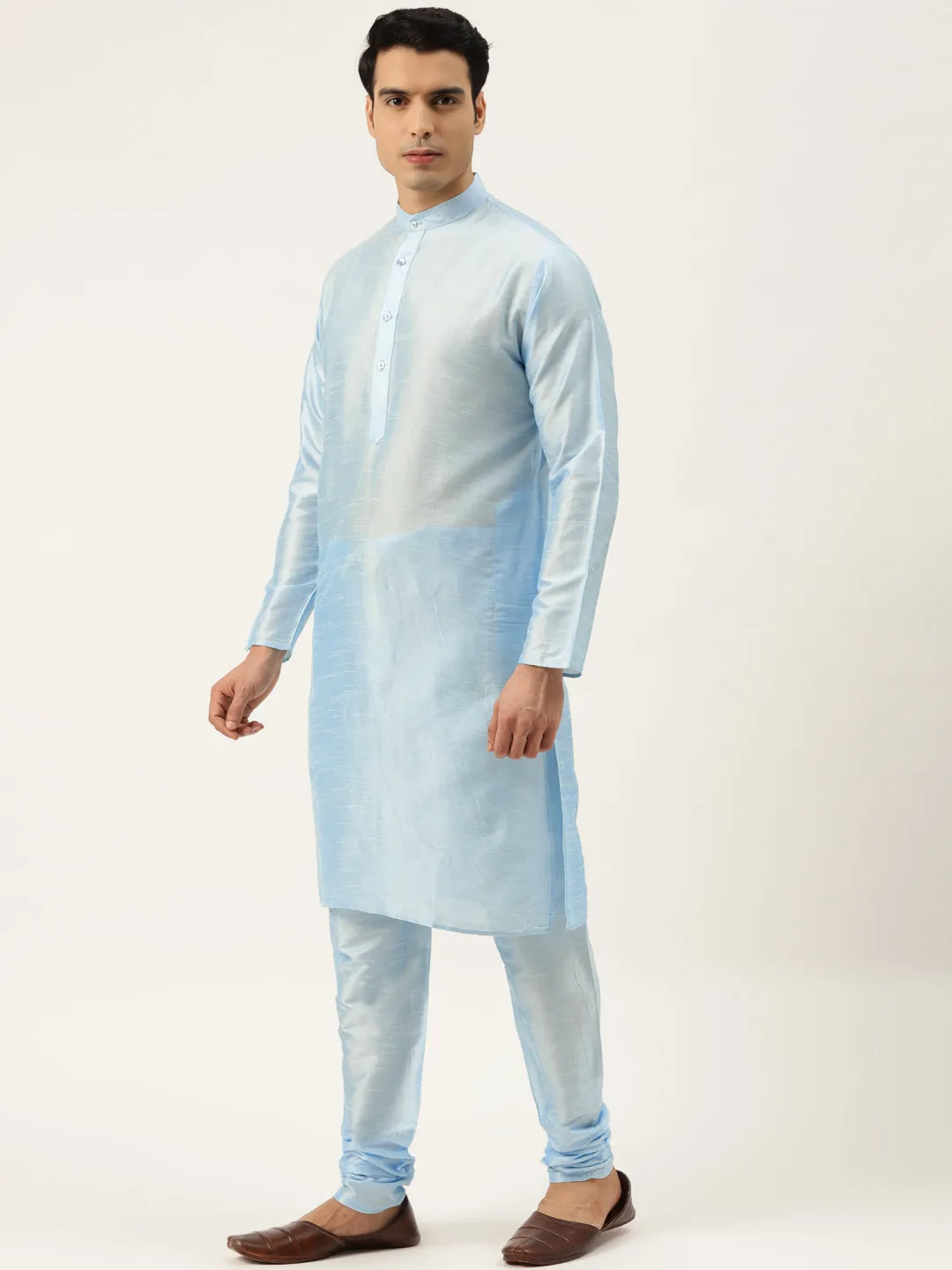 Men's Silk Blend Skyblue Kurta Pyjama & Royalblue Nehrujacket Combo - Sojanya