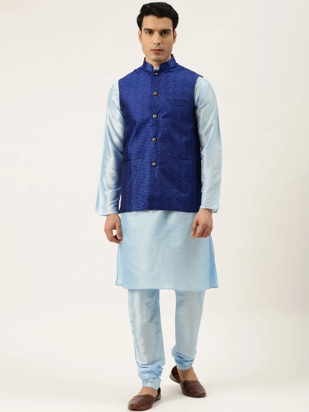 Men's Silk Blend Skyblue Kurta Pyjama & Royalblue Nehrujacket Combo - Sojanya