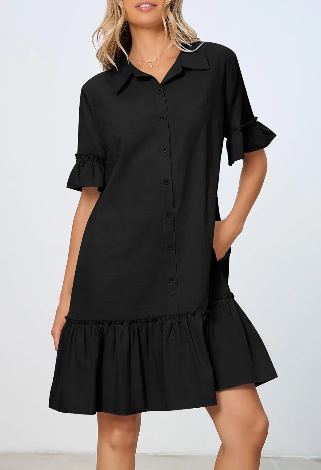 MEROKEETY Women's Summer Button Down Shirt Dress Casual Ruffle Sleeve Shift Mini Dresses with Pockets
