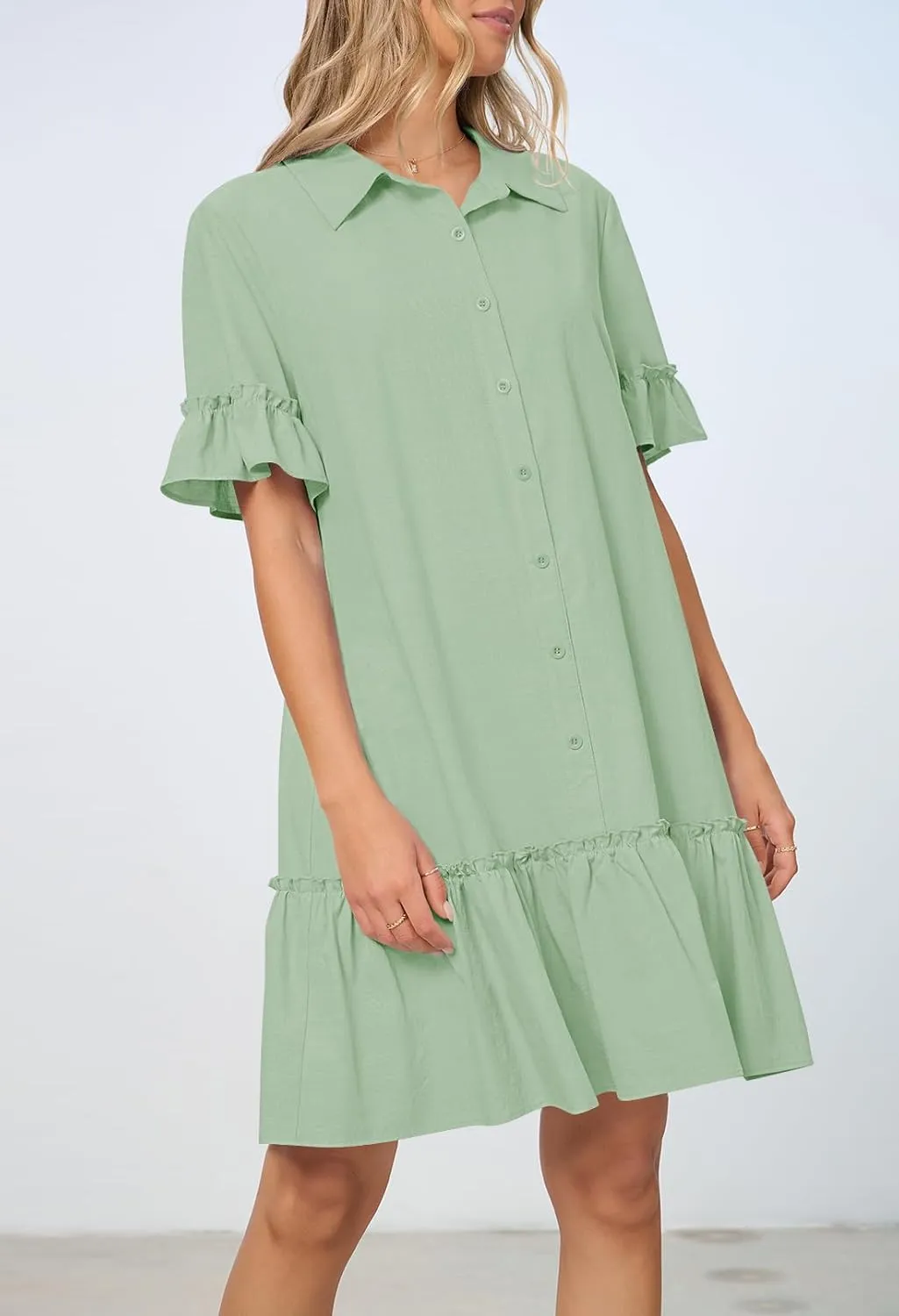 MEROKEETY Women's Summer Button Down Shirt Dress Casual Ruffle Sleeve Shift Mini Dresses with Pockets