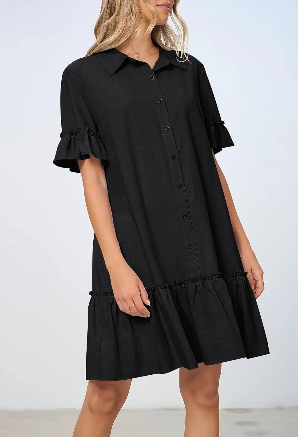 MEROKEETY Women's Summer Button Down Shirt Dress Casual Ruffle Sleeve Shift Mini Dresses with Pockets