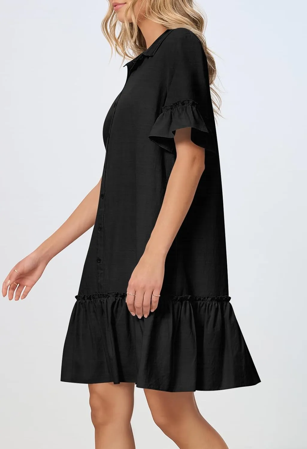 MEROKEETY Women's Summer Button Down Shirt Dress Casual Ruffle Sleeve Shift Mini Dresses with Pockets