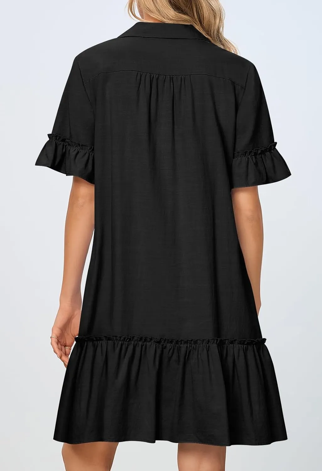 MEROKEETY Women's Summer Button Down Shirt Dress Casual Ruffle Sleeve Shift Mini Dresses with Pockets