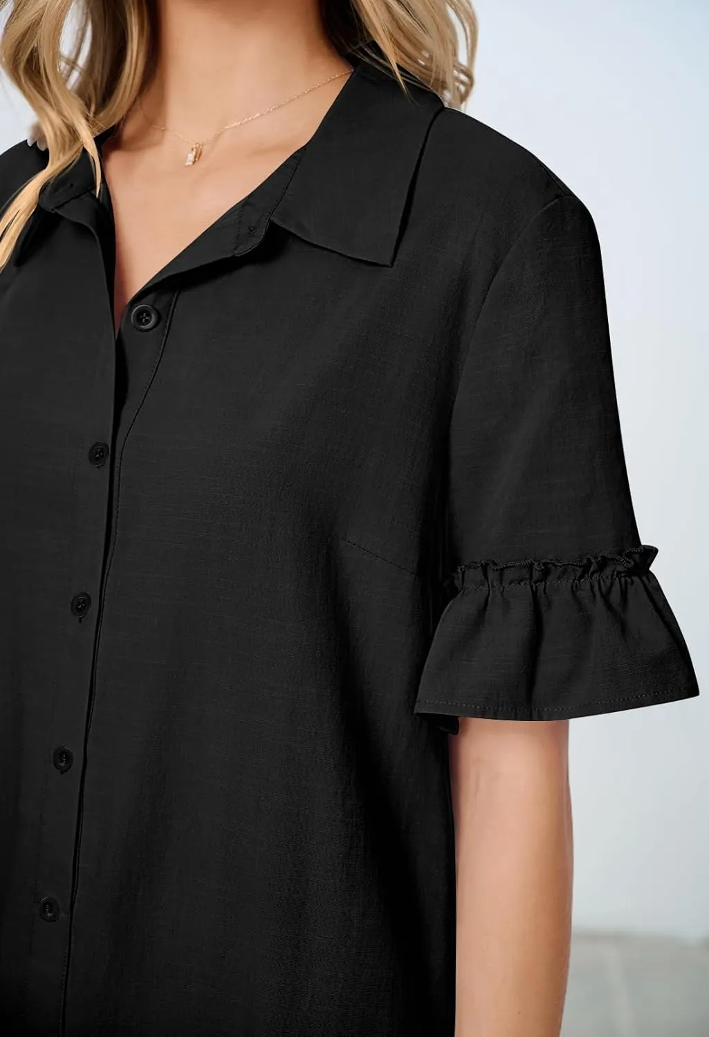 MEROKEETY Women's Summer Button Down Shirt Dress Casual Ruffle Sleeve Shift Mini Dresses with Pockets