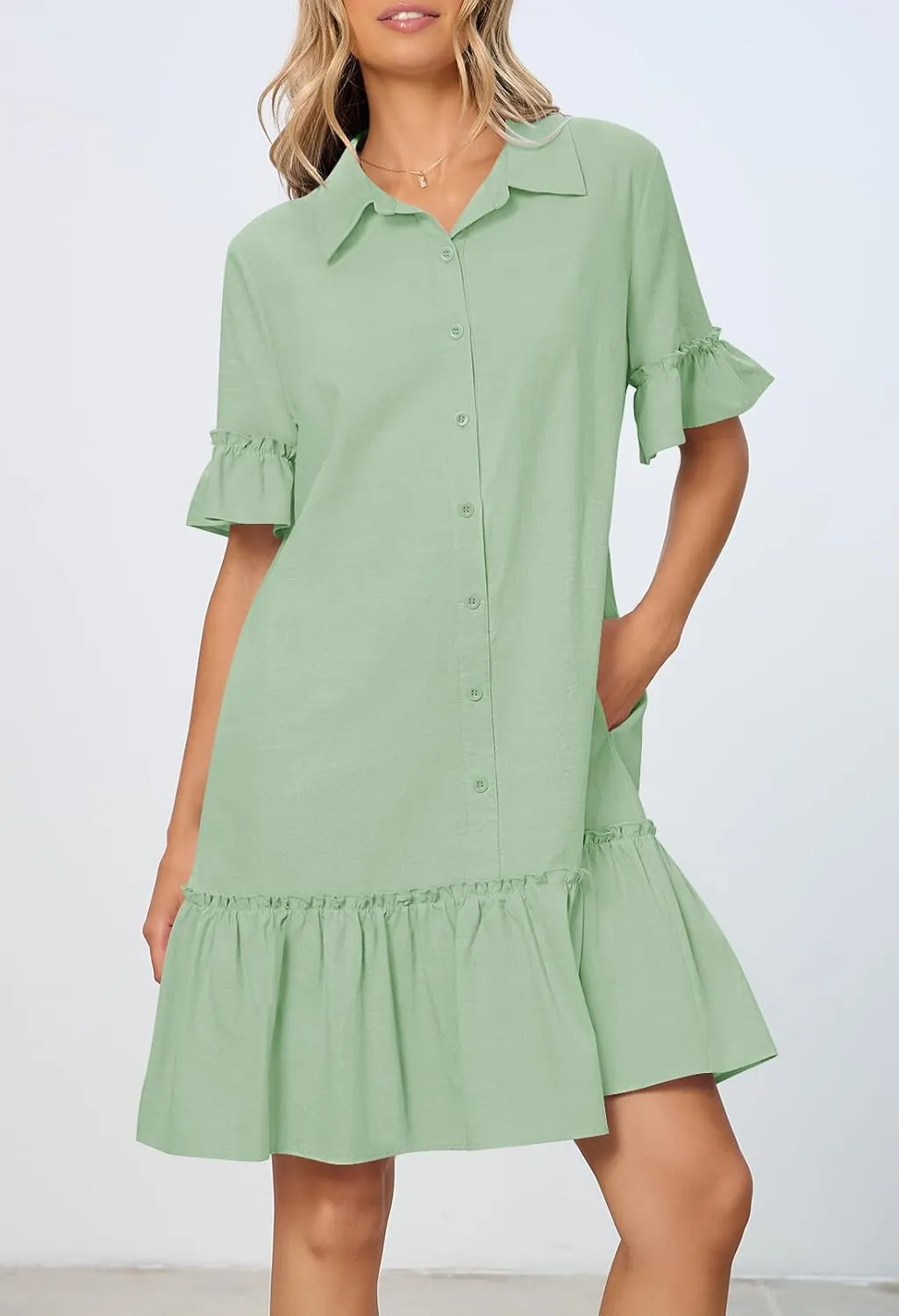 MEROKEETY Women's Summer Button Down Shirt Dress Casual Ruffle Sleeve Shift Mini Dresses with Pockets