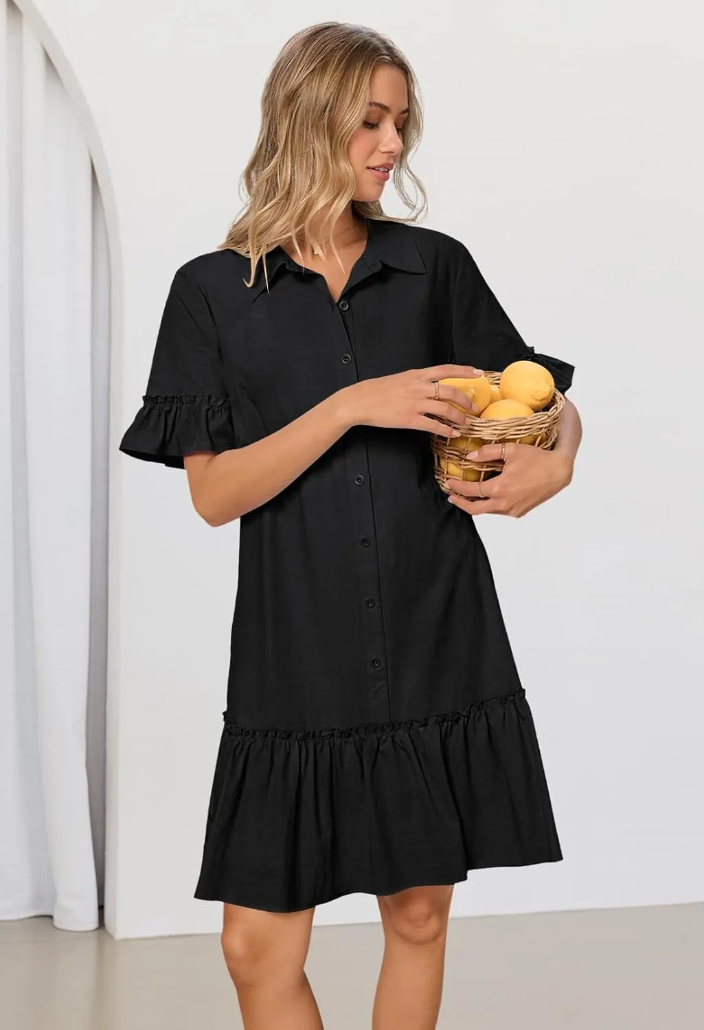 MEROKEETY Women's Summer Button Down Shirt Dress Casual Ruffle Sleeve Shift Mini Dresses with Pockets