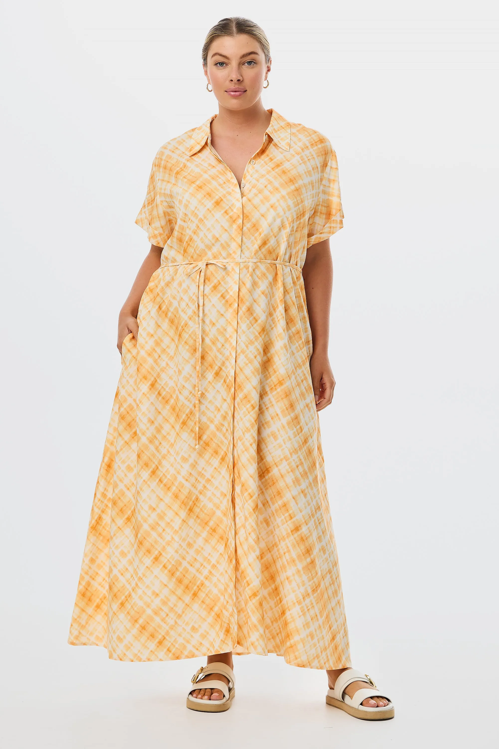Midi Shirt Dress - Tangerine Check