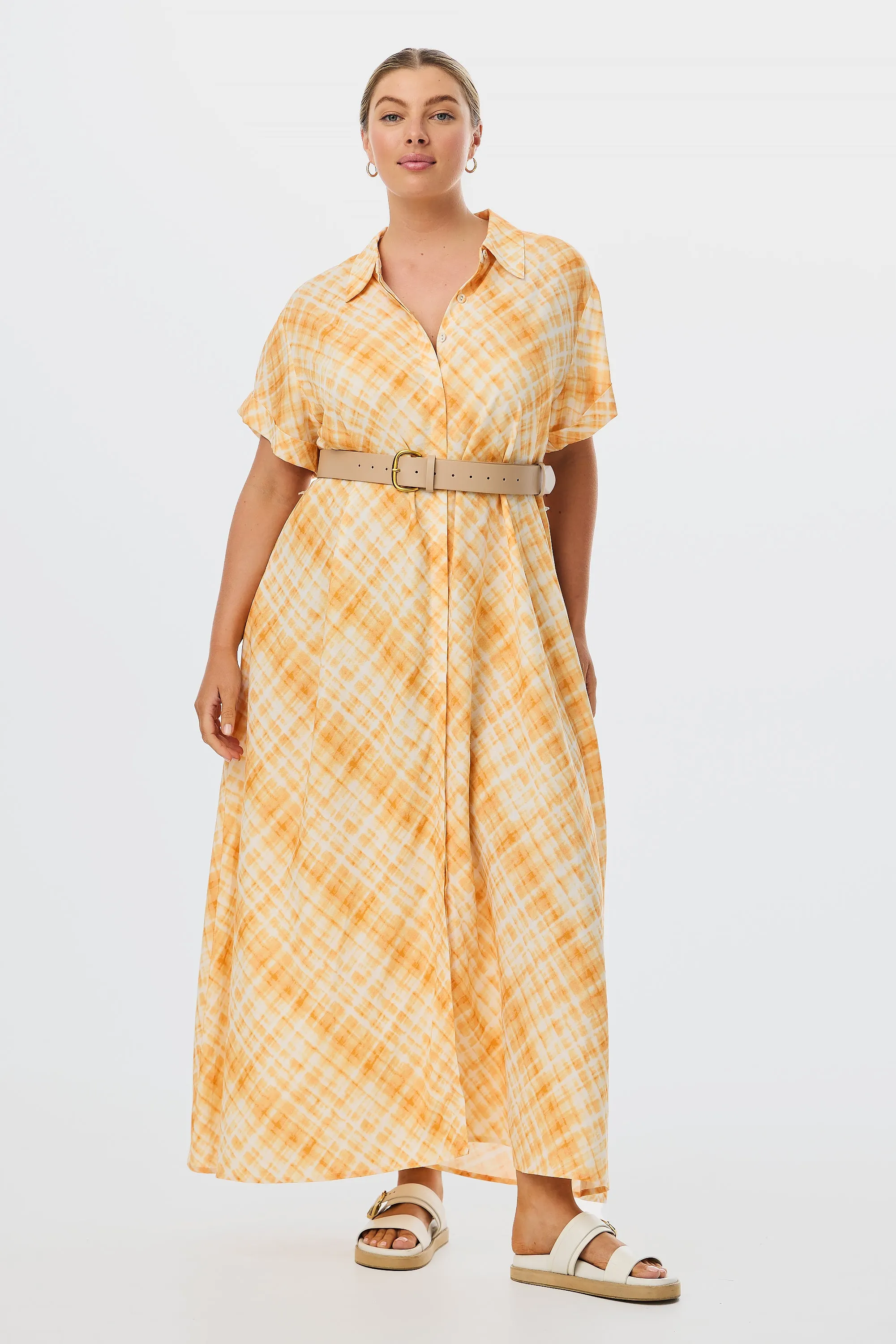Midi Shirt Dress - Tangerine Check