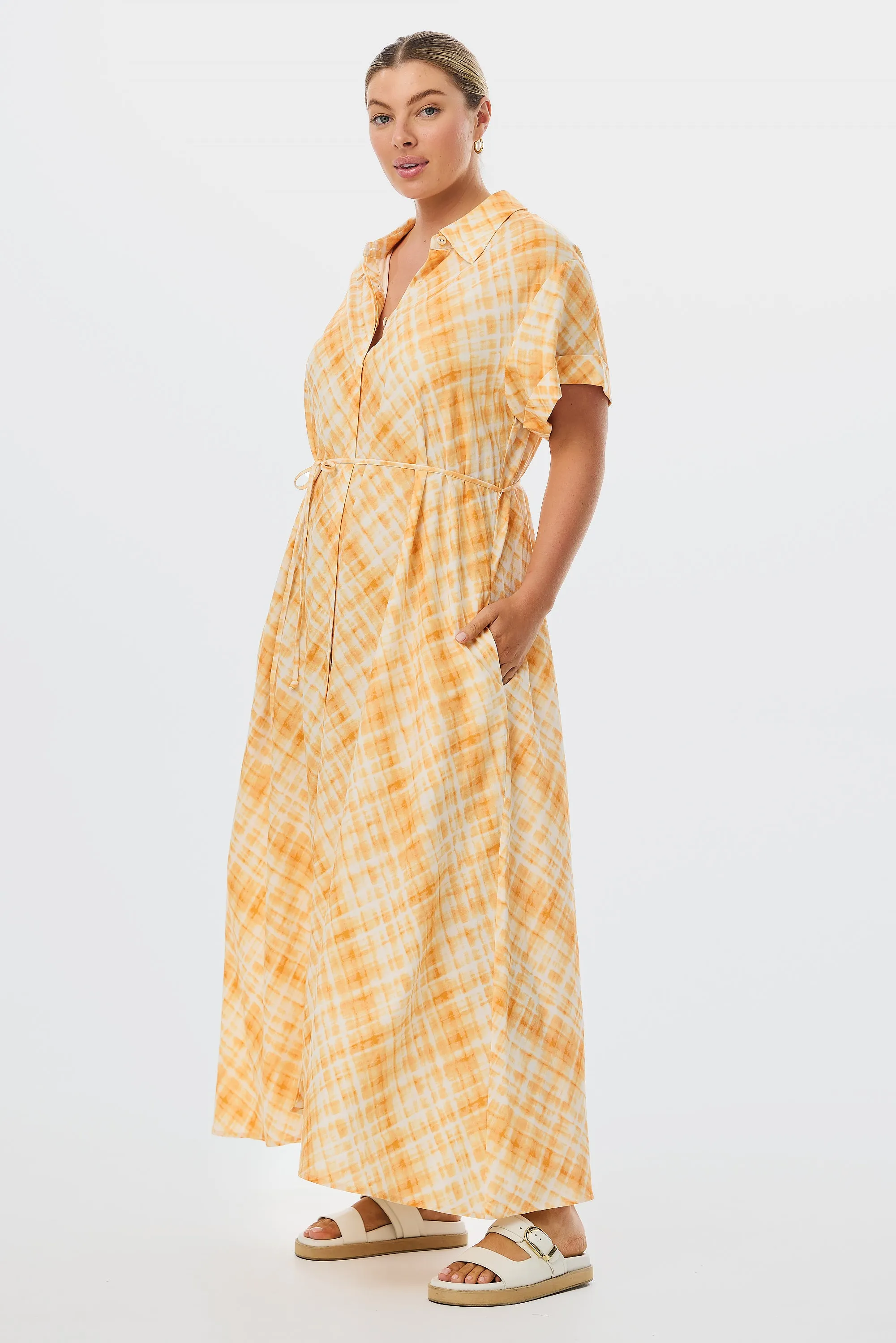 Midi Shirt Dress - Tangerine Check