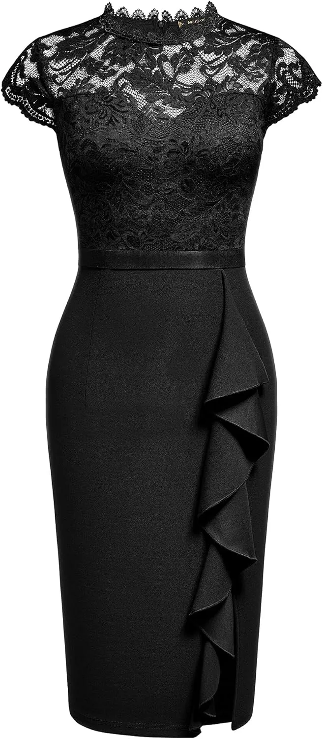 Miusol Women's Retro Floral Lace Ruffle Style Cocktail Mini Dress