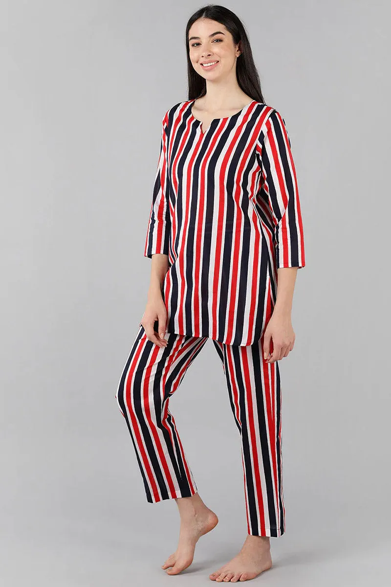 Multi Colour Cotton Striped Night Suit