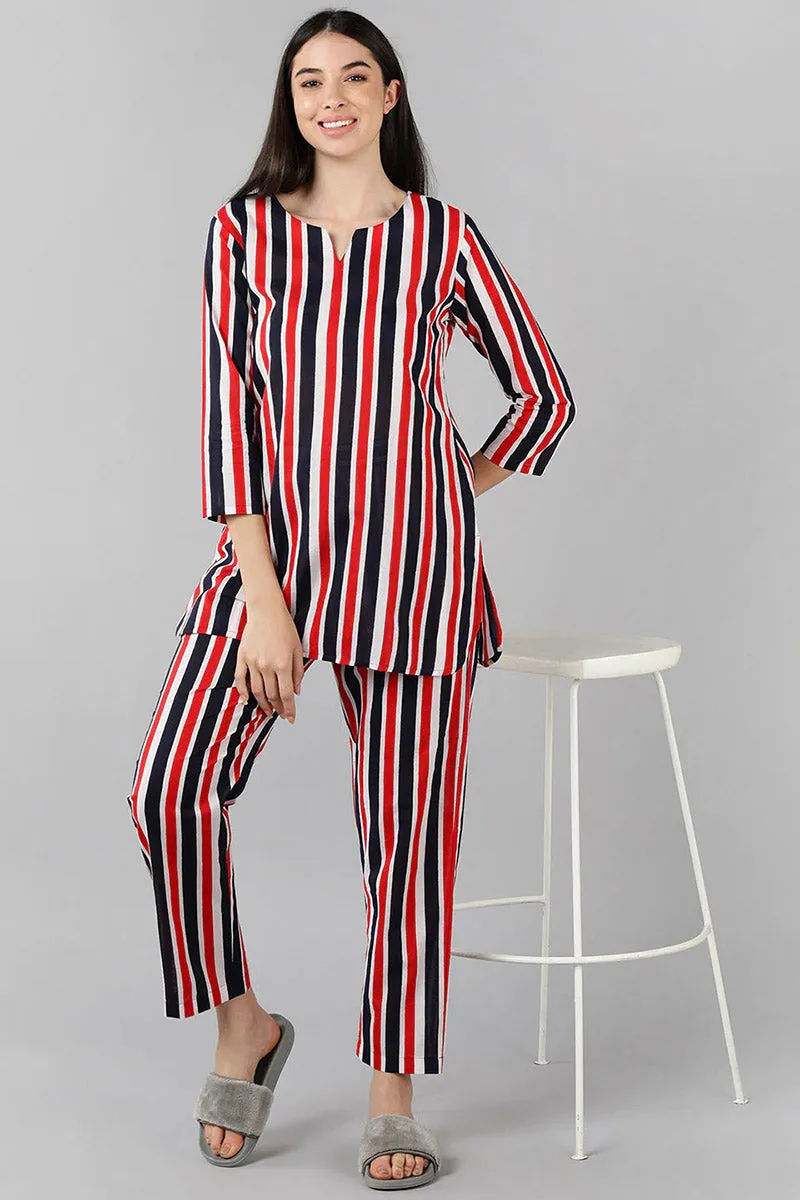 Multi Colour Cotton Striped Night Suit