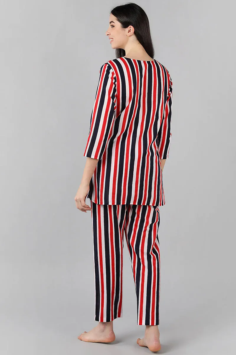 Multi Colour Cotton Striped Night Suit