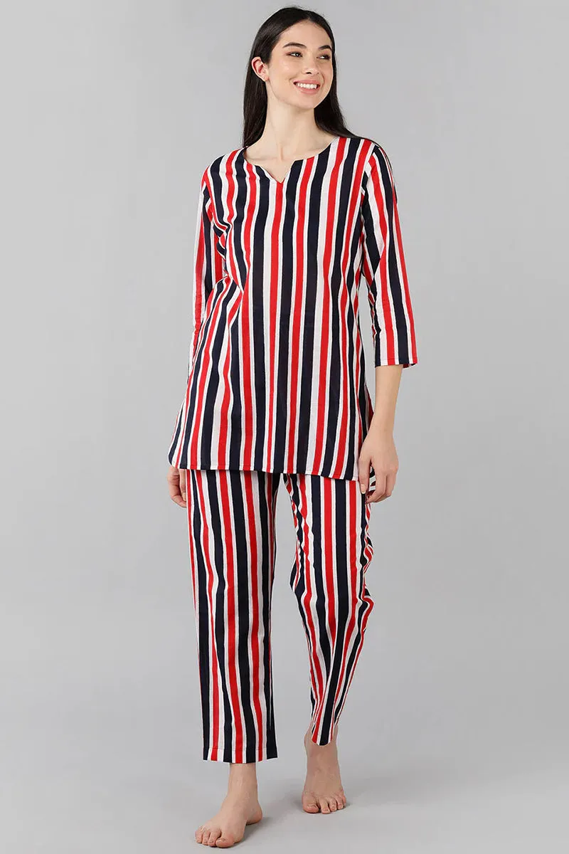 Multi Colour Cotton Striped Night Suit