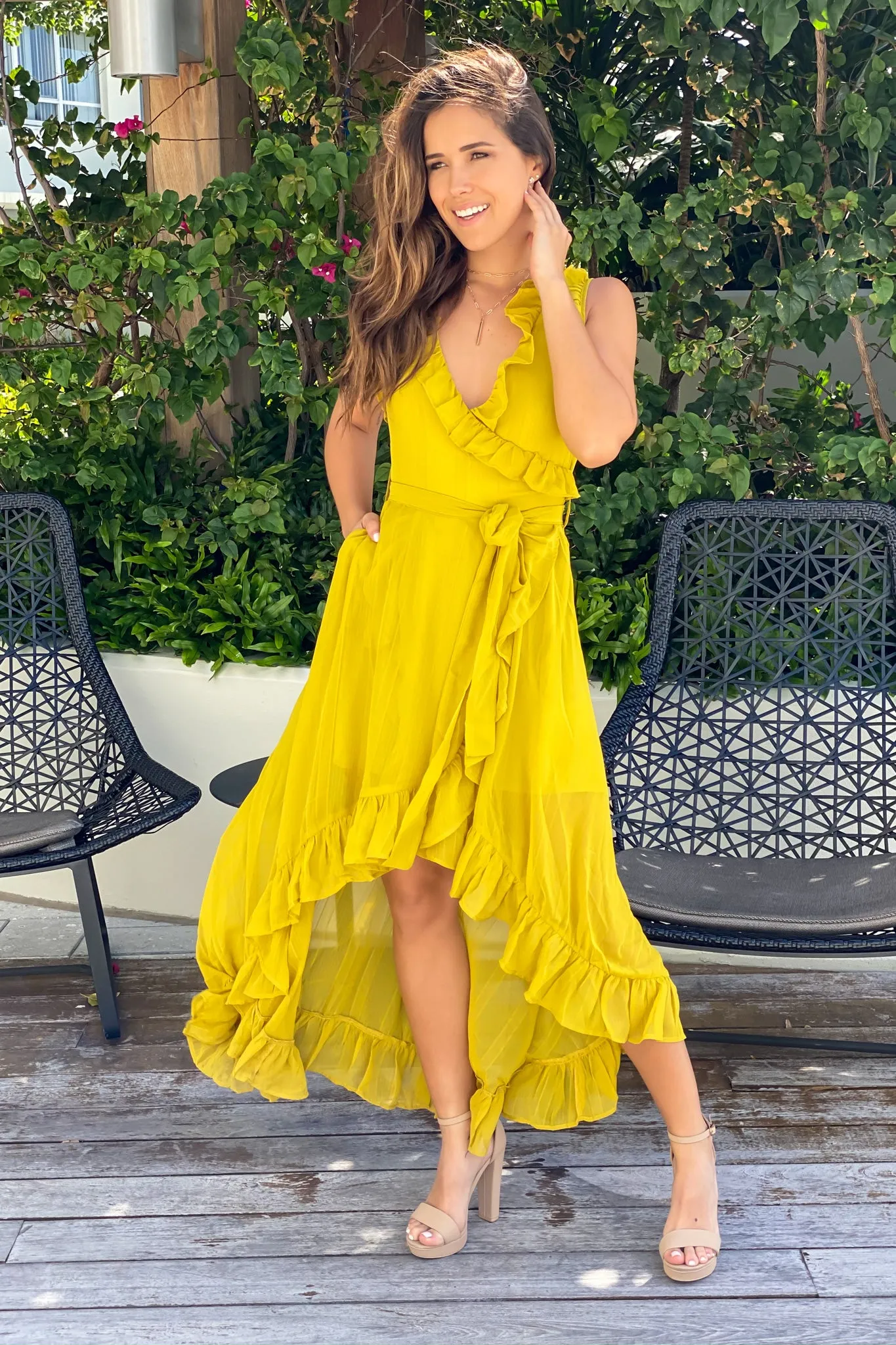 Mustard High Low Dress with Ruffles
