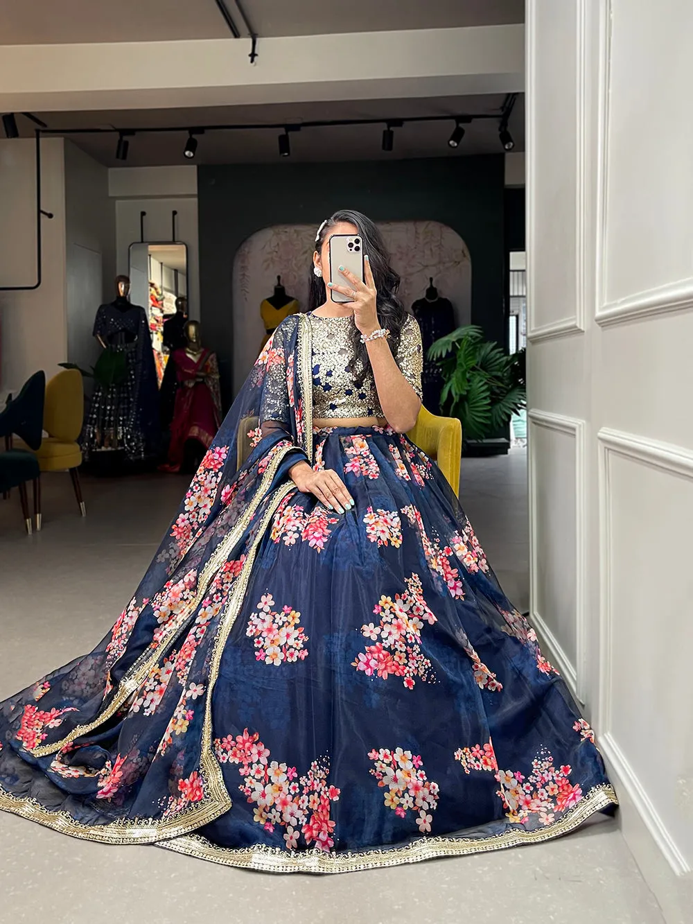 Navy Blue Color Printed And Sequins Embroidery Lace Border Organza Lehenga Choli