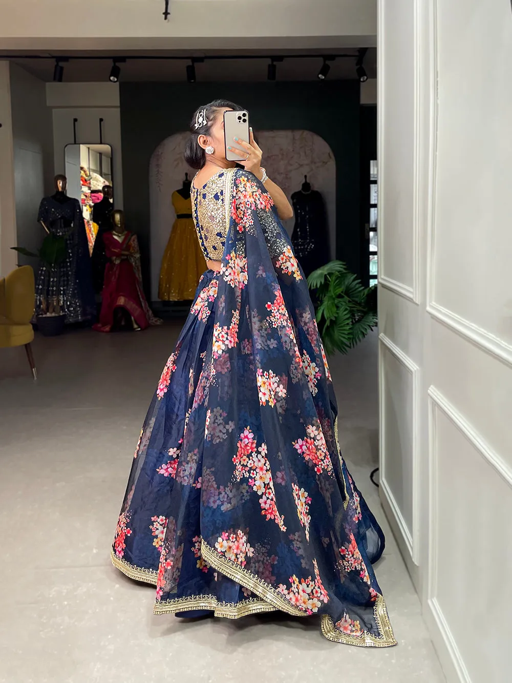 Navy Blue Color Printed And Sequins Embroidery Lace Border Organza Lehenga Choli