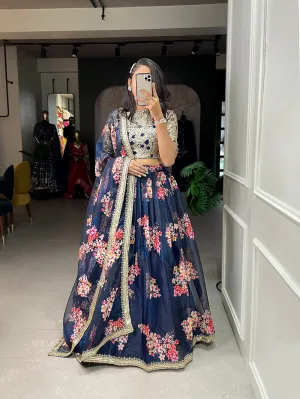 Navy Blue Color Printed And Sequins Embroidery Lace Border Organza Lehenga Choli