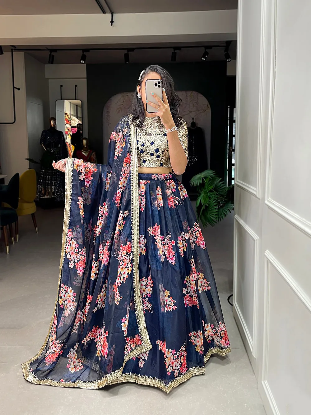 Navy Blue Color Printed And Sequins Embroidery Lace Border Organza Lehenga Choli