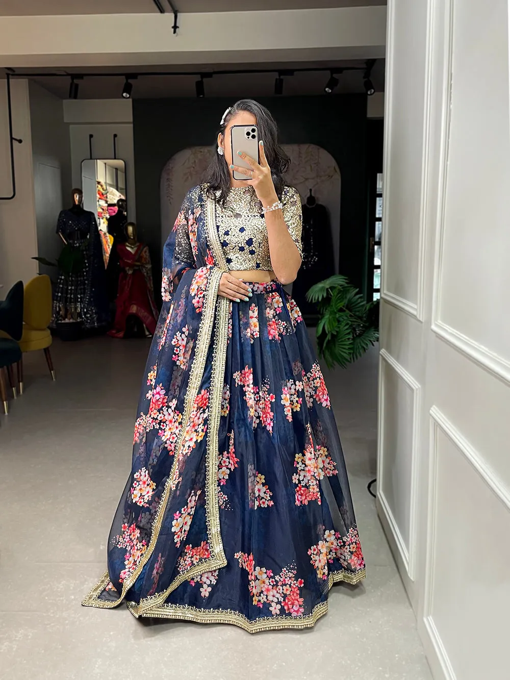 Navy Blue Color Printed And Sequins Embroidery Lace Border Organza Lehenga Choli