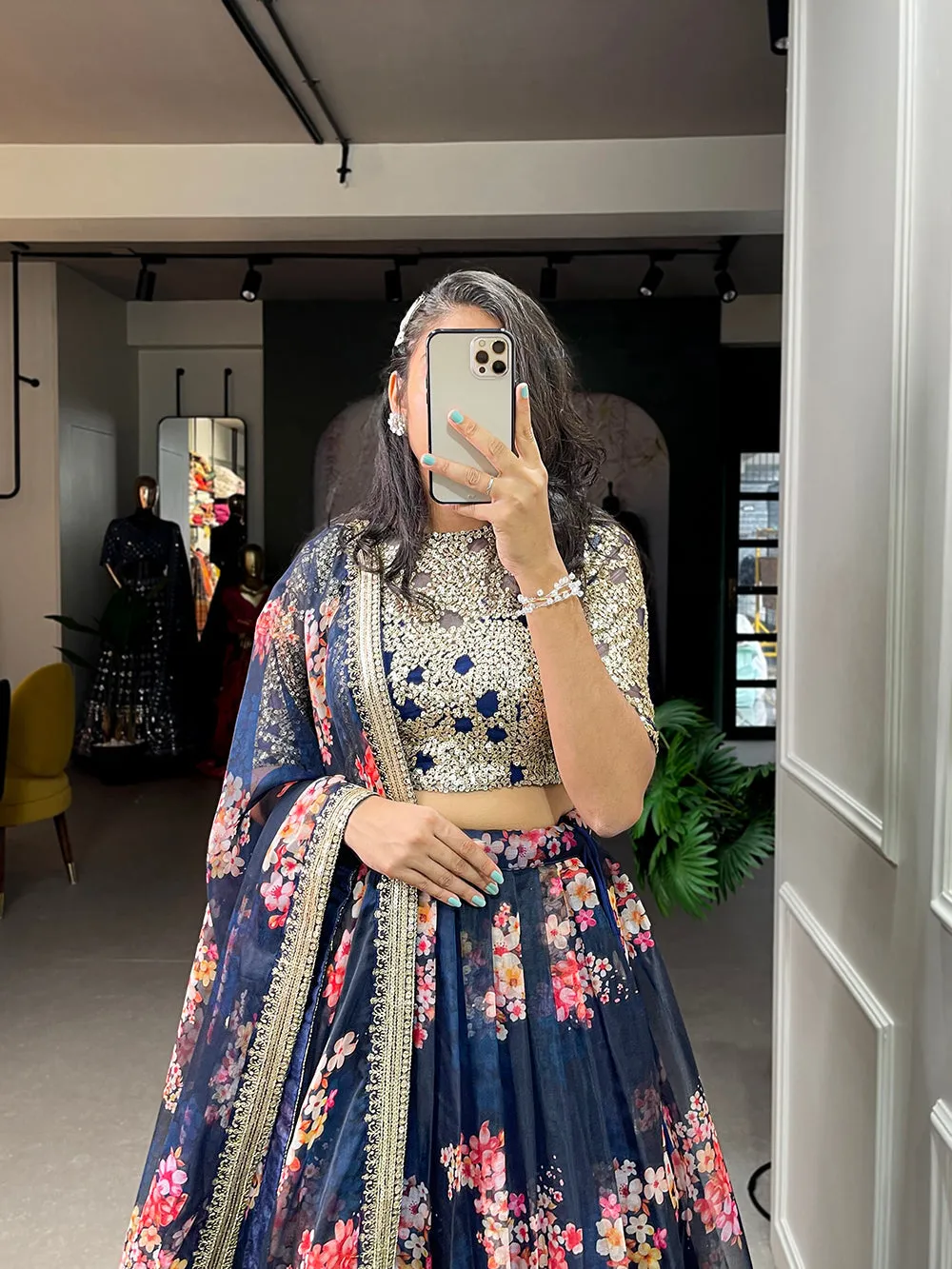 Navy Blue Color Printed And Sequins Embroidery Lace Border Organza Lehenga Choli
