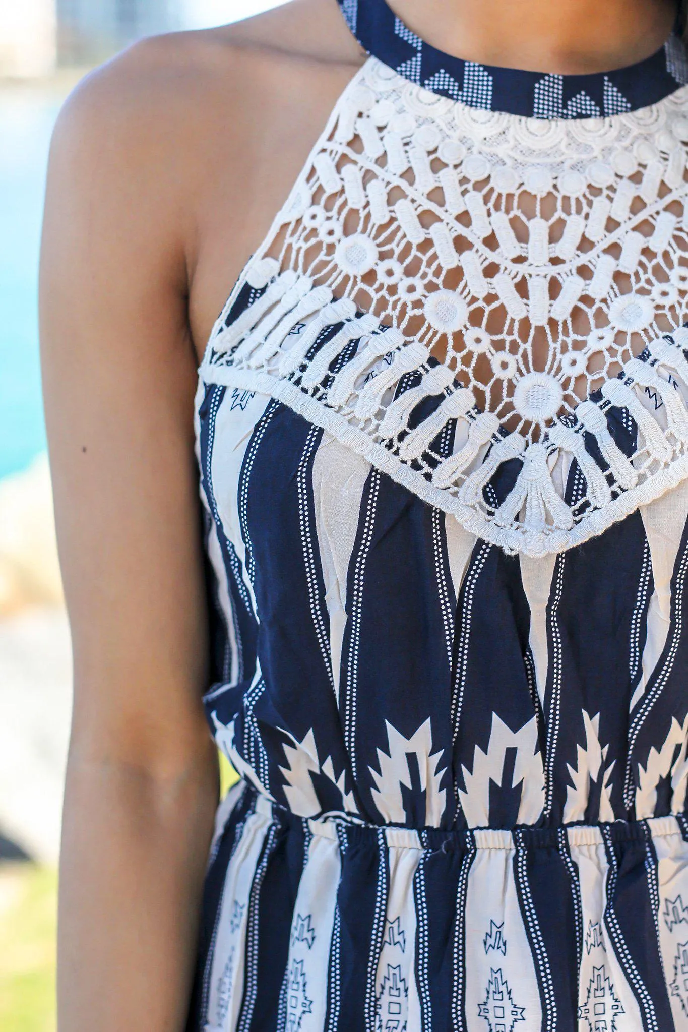 Navy Printed Dress with Crochet Detail