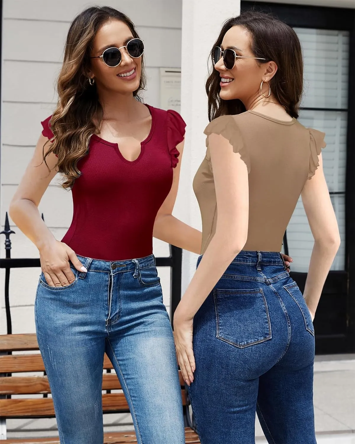 Necooer Womens Fashion Summer Tops Ruffle Sleeve Knit Ribbed Stretch Slim Fitted Shirts V Neck Blouse for Women