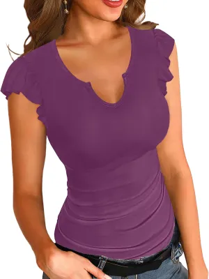 Necooer Womens Fashion Summer Tops Ruffle Sleeve Knit Ribbed Stretch Slim Fitted Shirts V Neck Blouse for Women