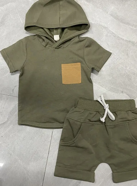 New Boy Hooded Short-sleeved Shorts Two-piece Set