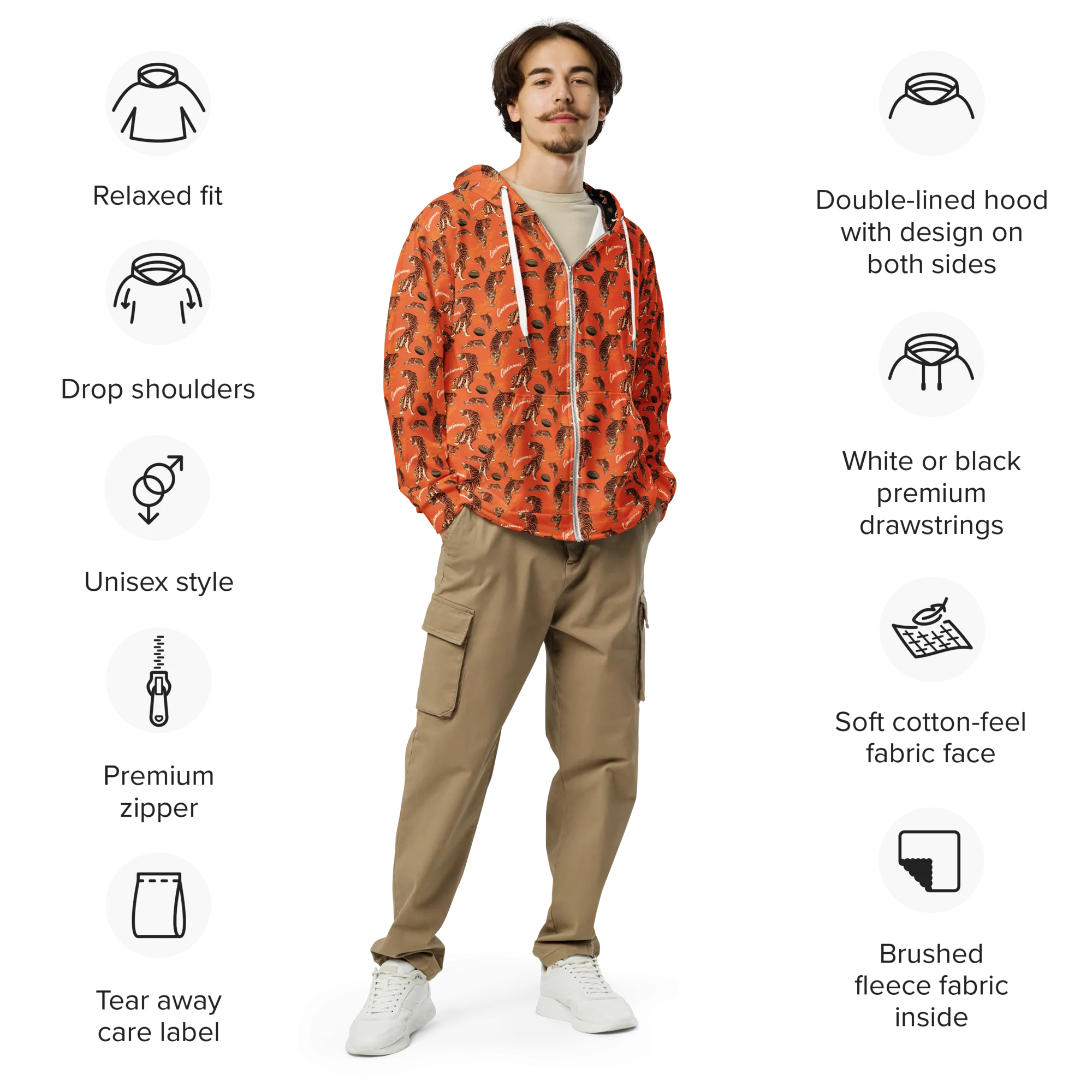 Orange Tiger Zip Up Hoodie
