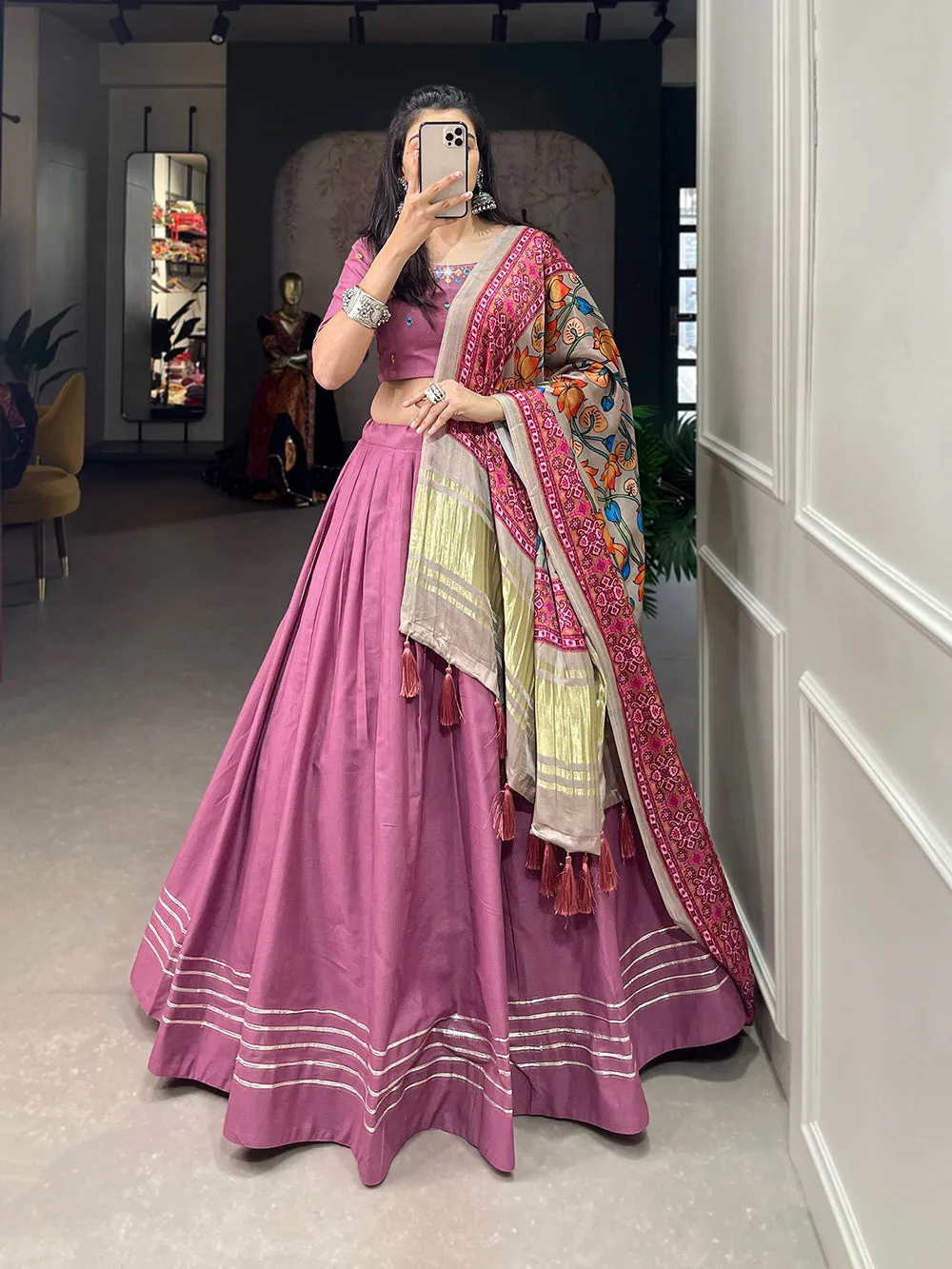 Peach Color Plain With Gotta Patti Cotton Lehenga Choli