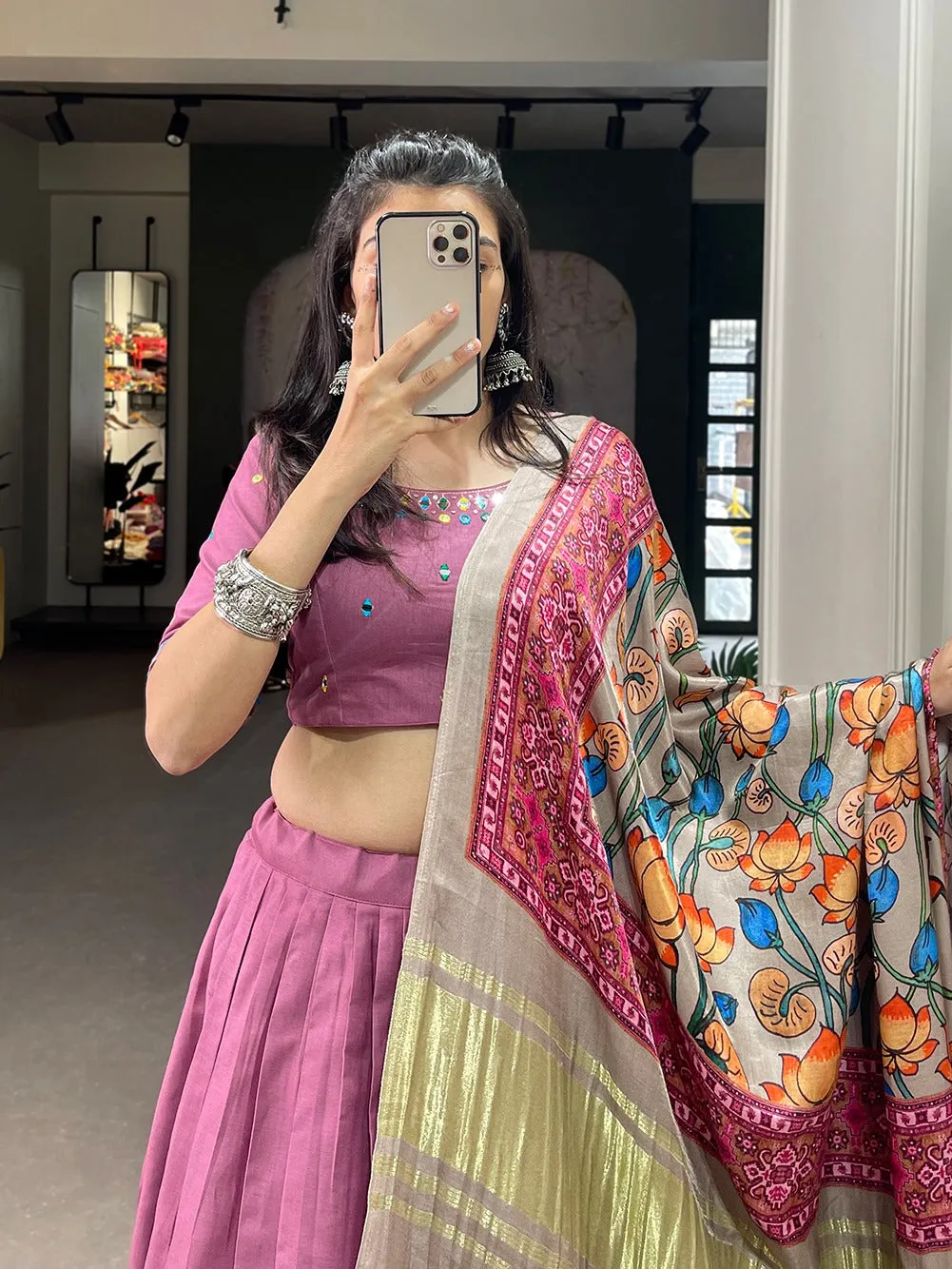 Peach Color Plain With Gotta Patti Cotton Lehenga Choli