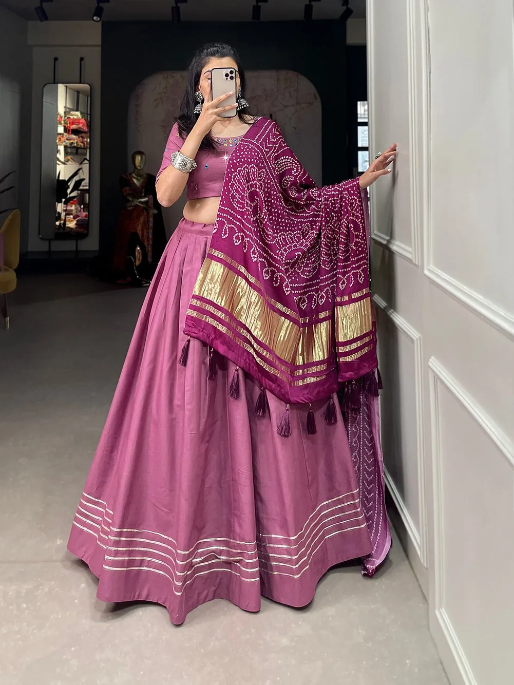 Peach Color Plain With Gotta Patti Cotton Lehenga Choli