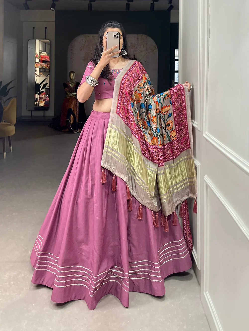 Peach Color Plain With Gotta Patti Cotton Lehenga Choli