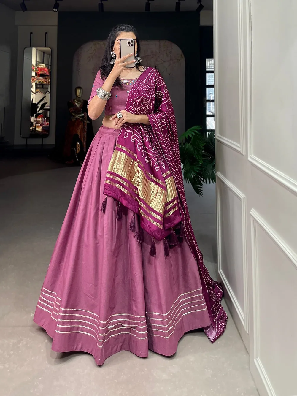 Peach Color Plain With Gotta Patti Cotton Lehenga Choli