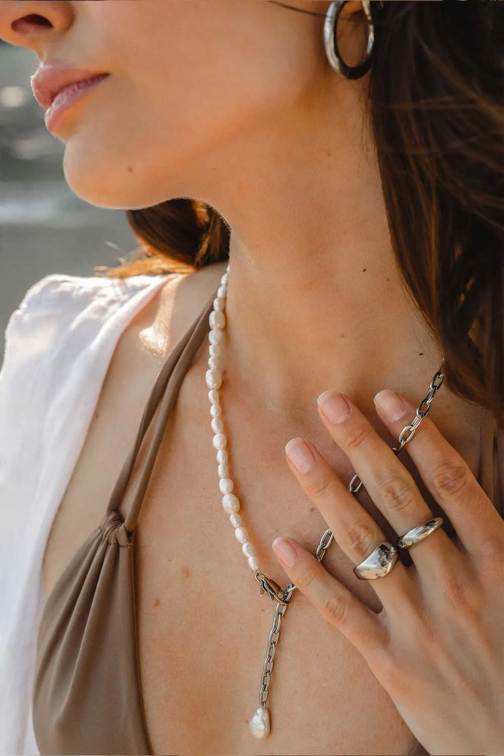 Pearl & Chain Connection Necklace Silver