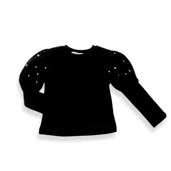 Pearl Stud Puff Slv Top - Black