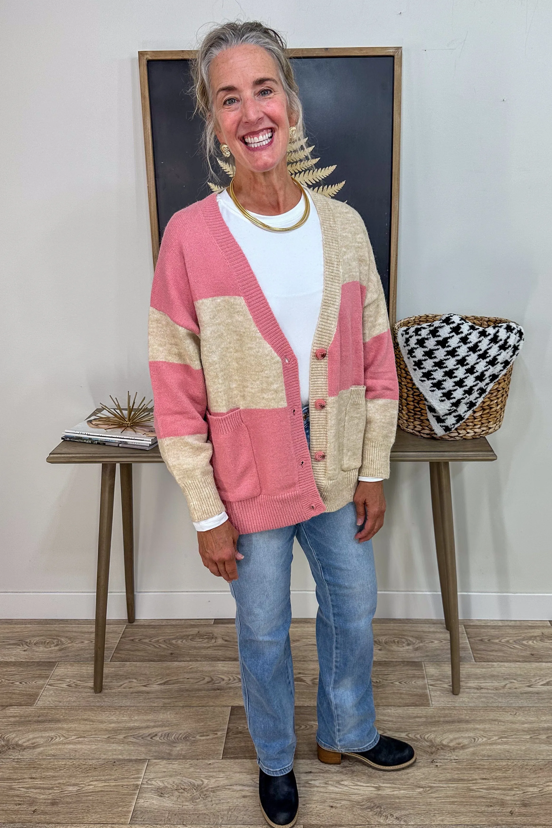 Pink & Tan Stripe Cardigan