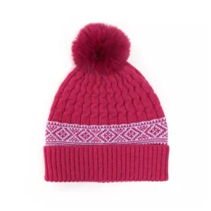 POM Womens Bobble Hat Ladies Faux Fur Rich Pink Diamond Border Pom Pom One Size