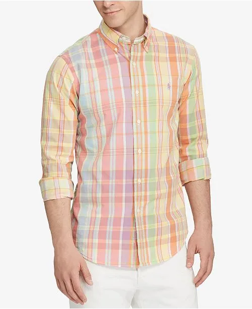 Ralph Lauren Orange Button Down Plaid Long Sleeve Shirt, XL