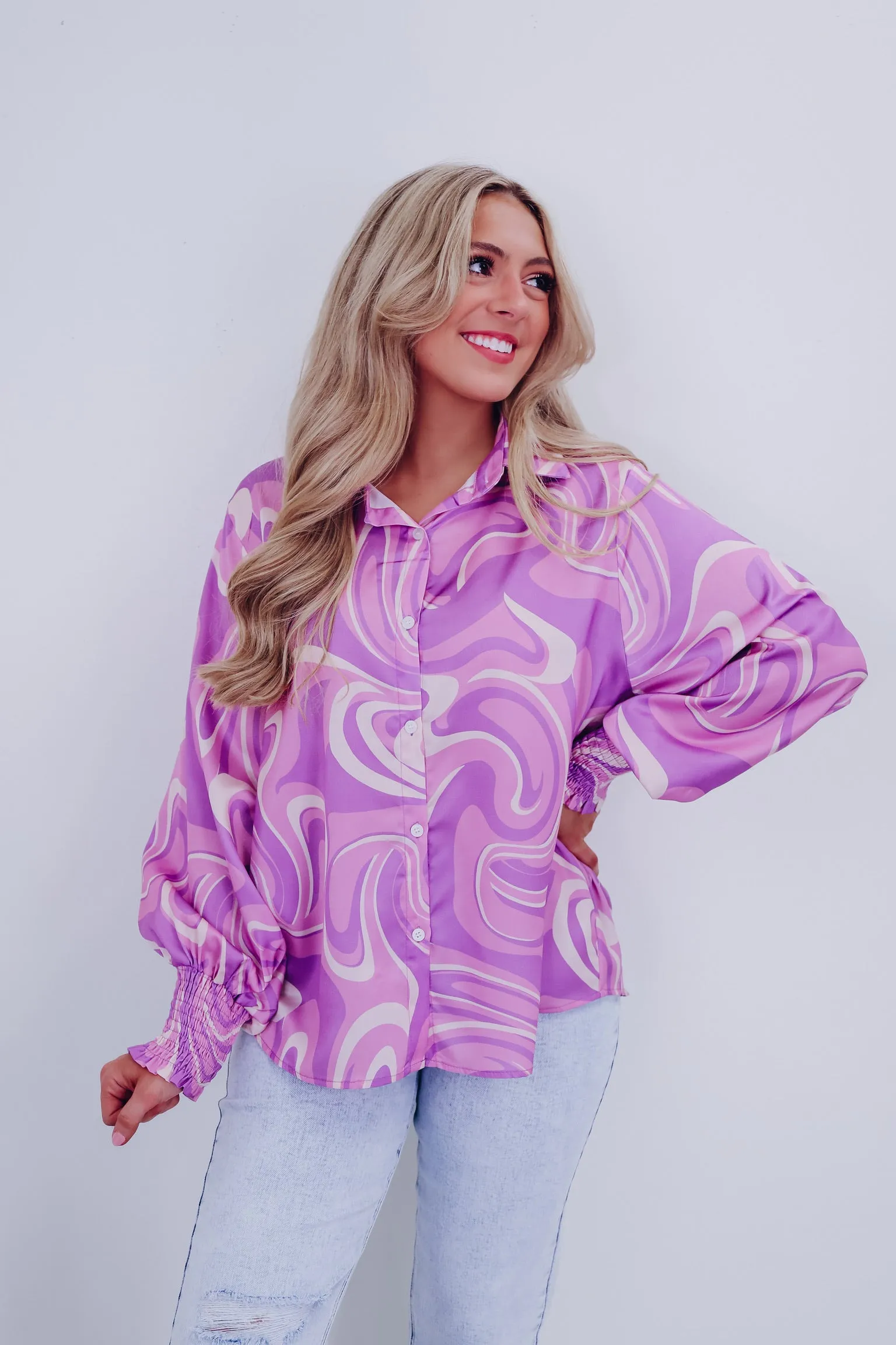 Retro Revived Button Up Blouse - Purple