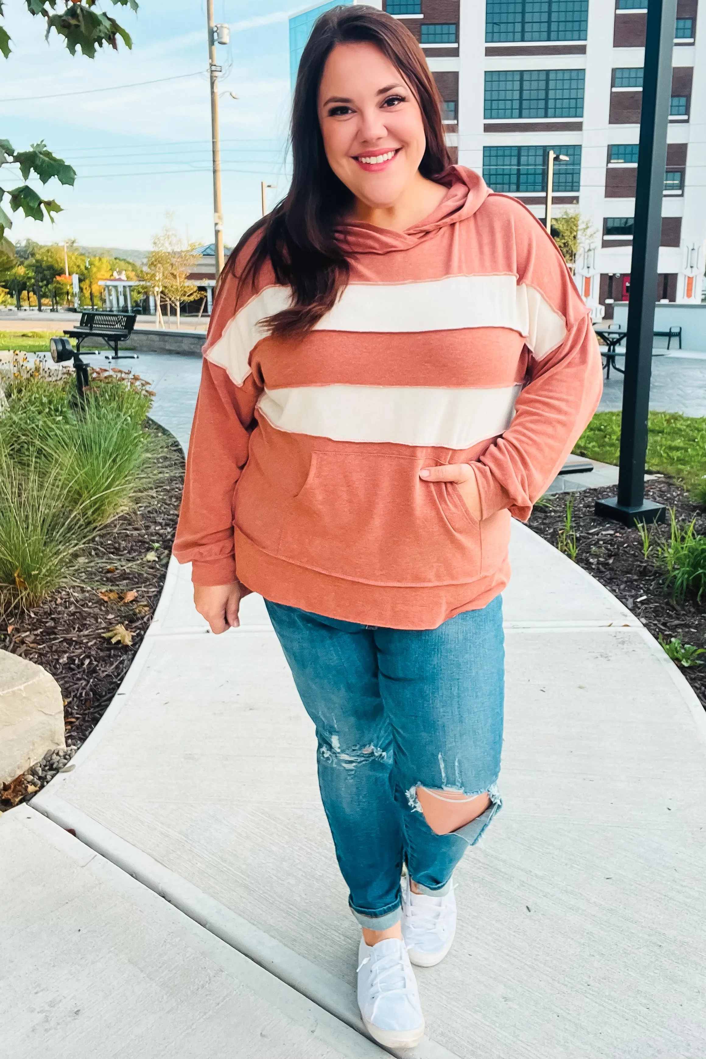 Rust Stripe Color Block French Terry Hoodie