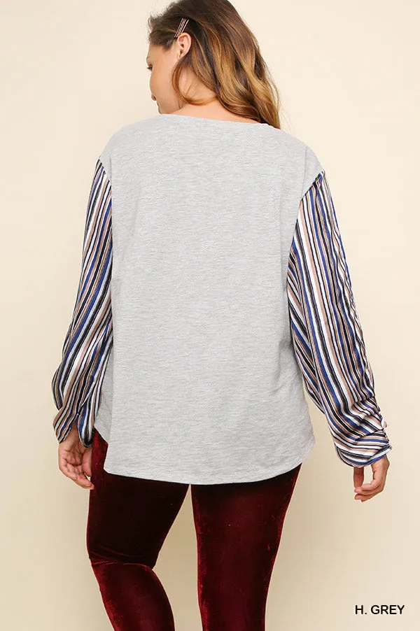 Satin Striped Sleeve Top, Grey