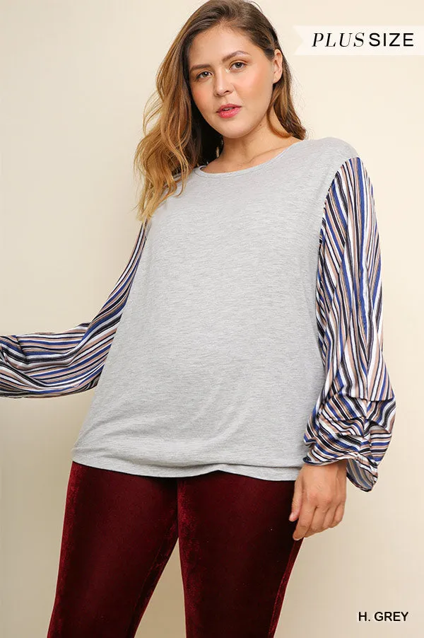 Satin Striped Sleeve Top, Grey