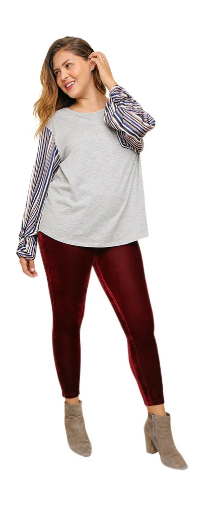 Satin Striped Sleeve Top, Grey