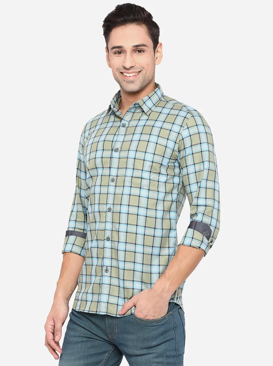 Sea Blue Checked Slim Fit Semi Casual Shirt | JadeBlue