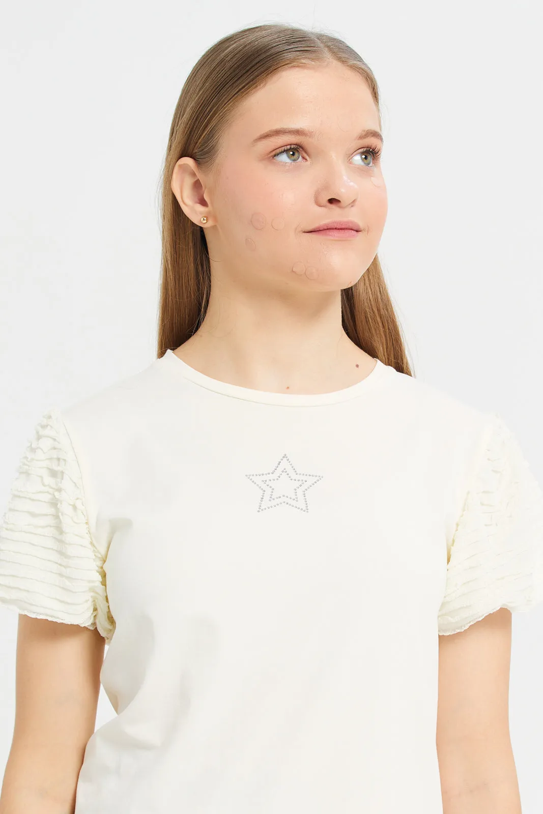 Senior Girls White Embellished Short Sleeve T-Shirt