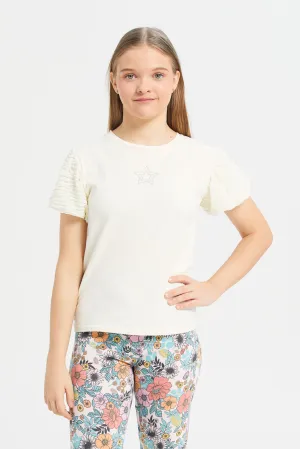 Senior Girls White Embellished Short Sleeve T-Shirt